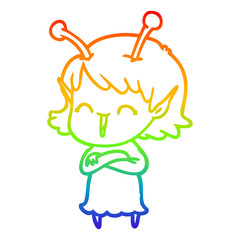 rainbow gradient line drawing cartoon alien girl laughing