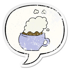 cartoon hot cup of coffee and speech bubble distressed sticker