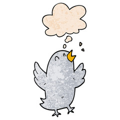 cartoon bird singing and thought bubble in grunge texture pattern style