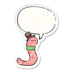 cute cartoon worm and speech bubble distressed sticker