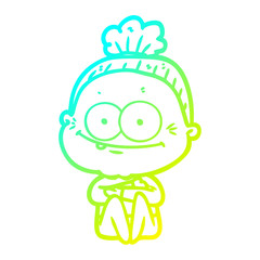 cold gradient line drawing cartoon happy old woman
