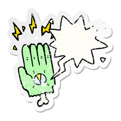 spooky halloween zombie hand and speech bubble distressed sticker