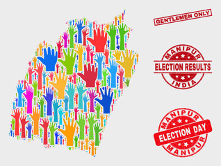 Democrat Manipur State map and seal stamps. Red rectangular Gentlemen Only distress seal stamp. Colorful Manipur State map mosaic of raised up referendum hands. Vector collage for election day,