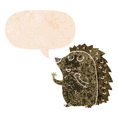 cartoon hedgehog and speech bubble in retro textured style