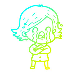 cold gradient line drawing cartoon woman crying