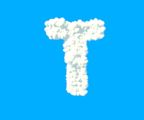 letter T made of dense white clouds on blue background, cloud font - 3D illustration of symbols