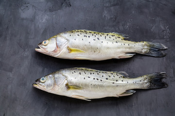 Fresh raw fish with spices, lemon, salt on dark stone background. Creative layout made of fish, top view with copy space, flat lay, mockup, overhead. Healthy food concept