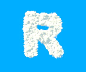 letter R made of dense white clouds on blue background, cloud font - 3D illustration of symbols