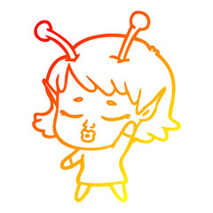 warm gradient line drawing cute alien girl cartoon