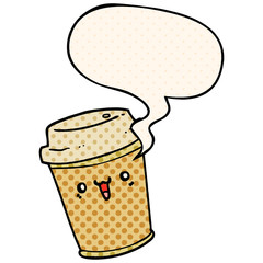 cartoon take out coffee and speech bubble in comic book style