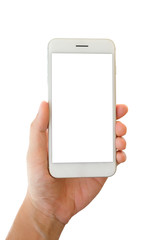 Man hand holding smartphone with blank screen isolated on white background, clipping path.