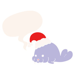 cartoon christmas walrus and speech bubble in retro style