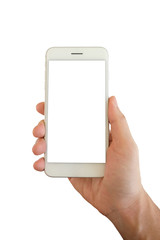 Man hand holding smartphone with blank screen isolated on white background, clipping path.