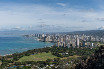 Beautiful panoramic aerial Honolulu and Waikiki beach vista, Oahu, Hawaii