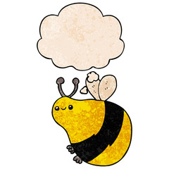 cartoon bee and thought bubble in grunge texture pattern style