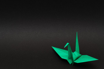 Naklejka premium green origami paper crane on black background