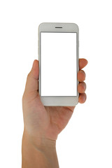 Man hand holding smartphone with blank screen isolated on white background, clipping path.