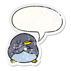 cartoon penguin and crossed arms and speech bubble distressed sticker