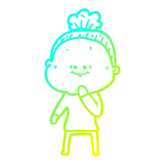 cold gradient line drawing cartoon happy old woman
