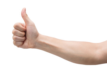 Man hand with thumb up isolated on white background with clipping path.