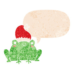 cute cartoon christmas frog and speech bubble in retro textured style