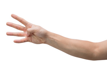 Man hand showing four fingers isolated on white background with clipping path.