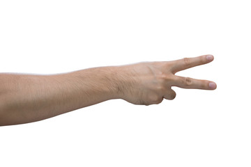 Man hand showing two fingers isolated on white background with clipping path.