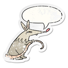 cartoon sneaky rat and speech bubble distressed sticker