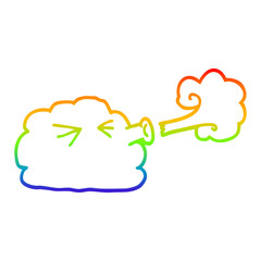 rainbow gradient line drawing cartoon cloud blowing a gale