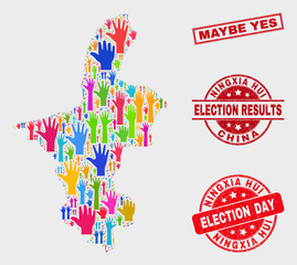 Election Ningxia Hui Region map and stamps. Red rectangle Maybe Yes distress seal stamp. Colorful Ningxia Hui Region map mosaic of raised ballot arms. Vector composition for election day,