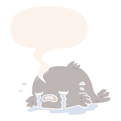 cartoon crying fish and speech bubble in retro style