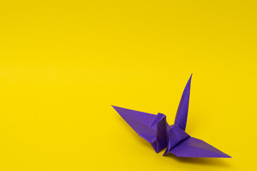 purple origami paper crane on yellow background