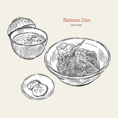 salmon donburi set, hand draw sketch vector.