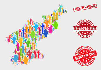 Election North Korea map and watermarks. Red rectangle Ministry of Truth distress seal stamp. Colorful North Korea map mosaic of raised up ballot arms. Vector combination for election day,