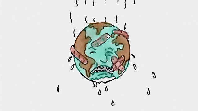 2d Animation motion graphics showing a watercolor of sad mother earth with patches and bandages feeling hot, sweating and crying on white screen in HD 1080 high definition.