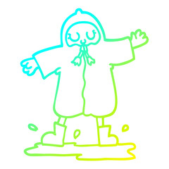 cold gradient line drawing cartoon person splashing in puddle wearing rain coat
