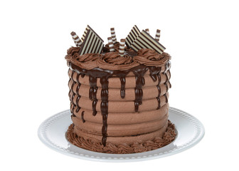 Close up on whole chocolate cake with chocolate ganache dripping down the sides and candy garnish on top presented on small off white porcelain plate, isolated on white.