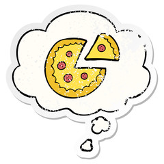 cartoon pizza and thought bubble as a distressed worn sticker