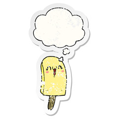 cartoon frozen ice lolly and thought bubble as a distressed worn sticker