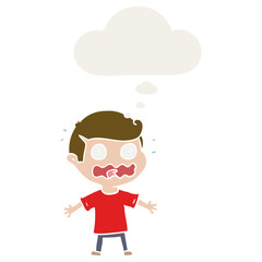 cartoon man totally stressed out and thought bubble in retro style