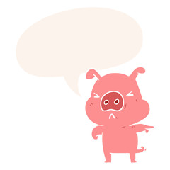 cartoon angry pig pointing and speech bubble in retro style