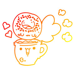 warm gradient line drawing cute cartoon donut and coffee