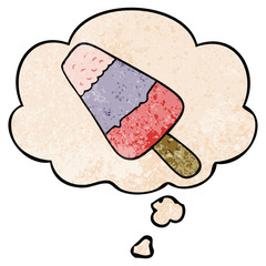 cartoon ice lolly and thought bubble in grunge texture pattern style