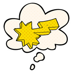 cartoon lightning strike and thought bubble in comic book style