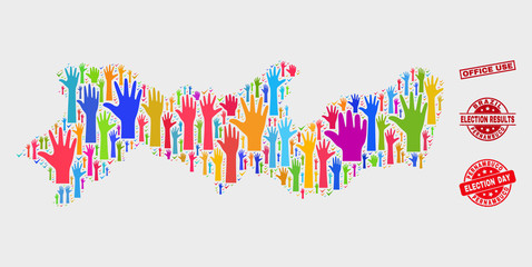 Democrat Pernambuco State map and seal stamps. Red rectangular Office Use textured seal stamp. Colored Pernambuco State map mosaic of upwards vote hands. Vector composition for election day,