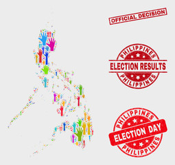Election Philippines map and seal stamps. Red rectangular Official Decision scratched seal stamp. Bright Philippines map mosaic of raised up referendum hands. Vector collage for election day,
