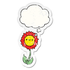 cartoon flower and thought bubble as a distressed worn sticker