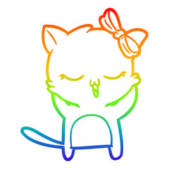 rainbow gradient line drawing cartoon cat with bow on head