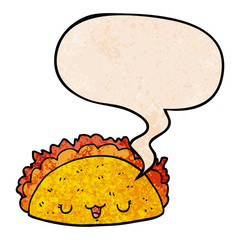 cartoon taco and speech bubble in retro texture style