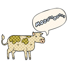 cartoon cow and speech bubble in comic book style